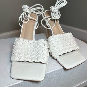 White Woven Strap Lace-Up Sandals Sz 11 Ankle Ties Square Toe Brunch Summer